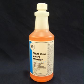 clear bottle, orange liquid, white label, blue stripe - BISM One Quart Wonder